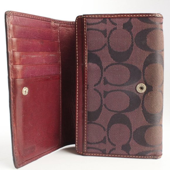 Coach Signature Wallet Multifunction Bifold Jacquard & Burgundy Leather - Picture 5 of 10